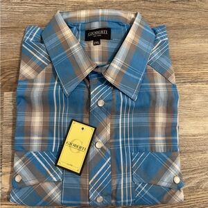 Men's Blue and Brown Plaid Pearl Snap Long Sleeve Shirt